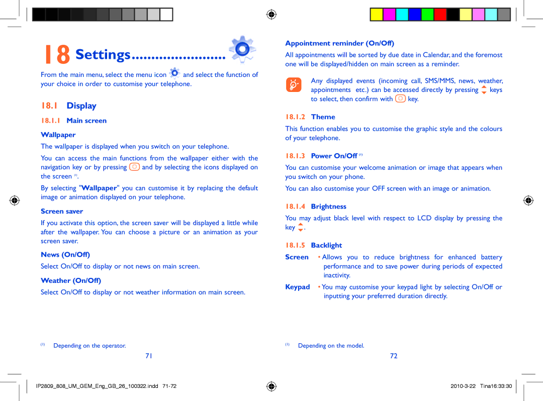 Alcatel ONE TOUCH 808 manual Settings, Display 