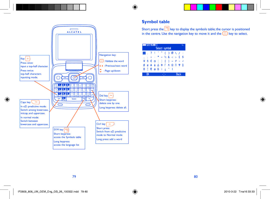 Alcatel ONE TOUCH 808 manual Symbol table 