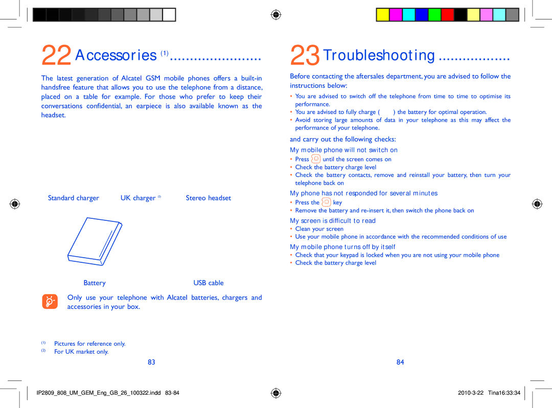 Alcatel ONE TOUCH 808 manual Accessories, 23Troubleshooting, Battery, Carry out the following checks 