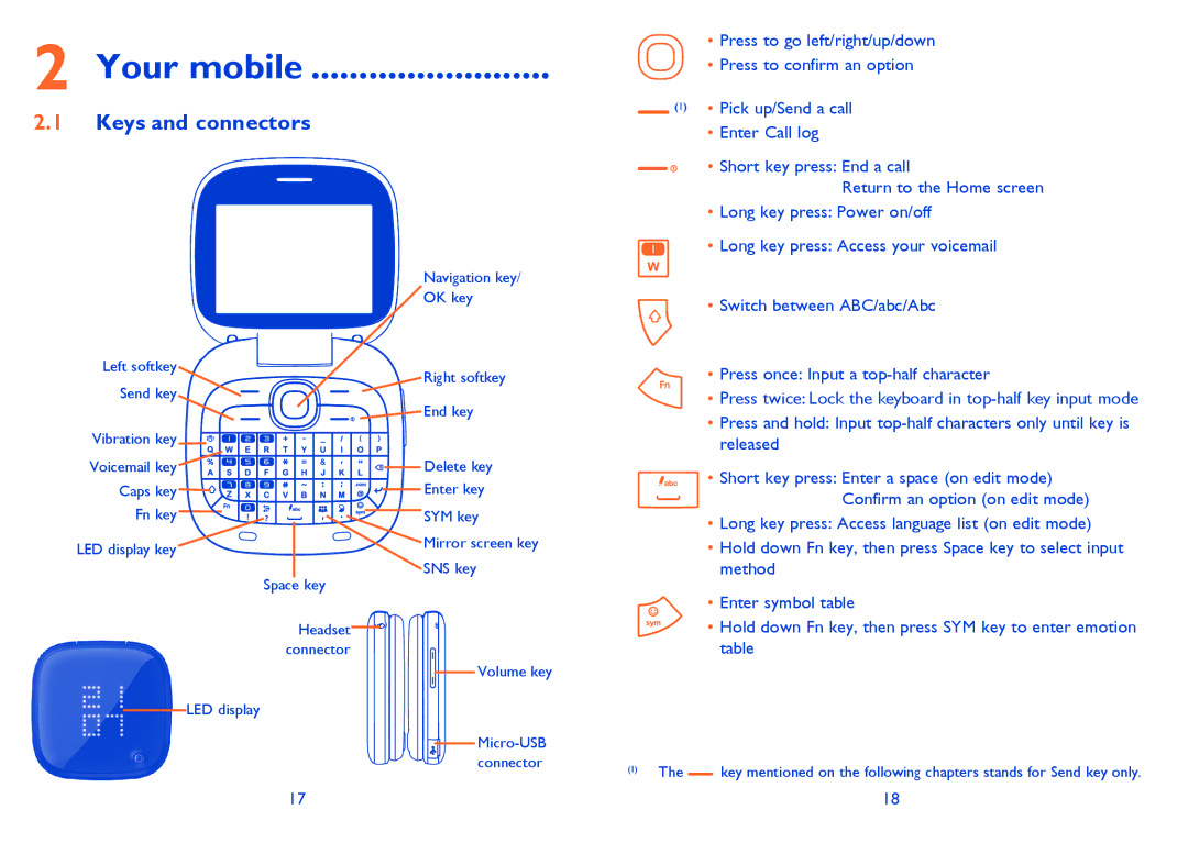 Alcatel ONE TOUCH 810/810D/810F manual Your mobile, Keys and connectors 