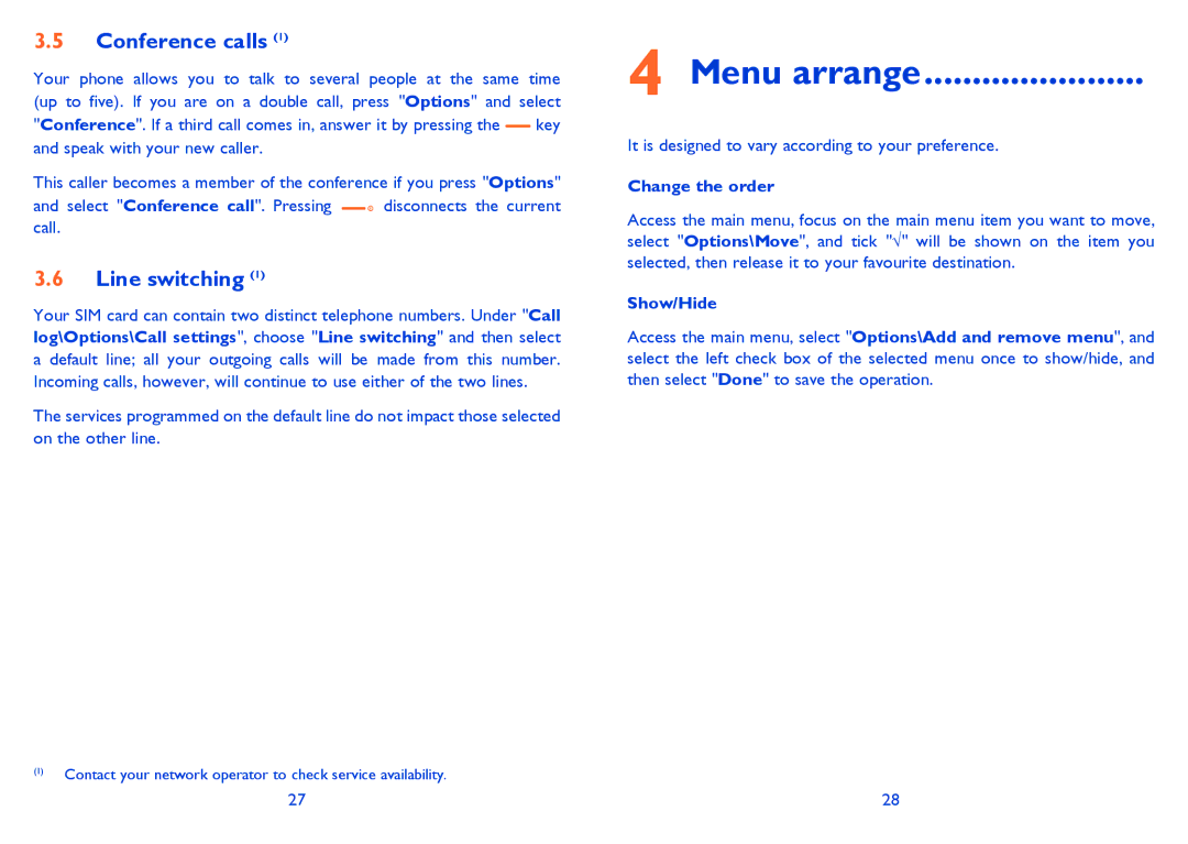 Alcatel ONE TOUCH 810/810D/810F manual Menu arrange, Conference calls, Line switching, Change the order, Show/Hide 