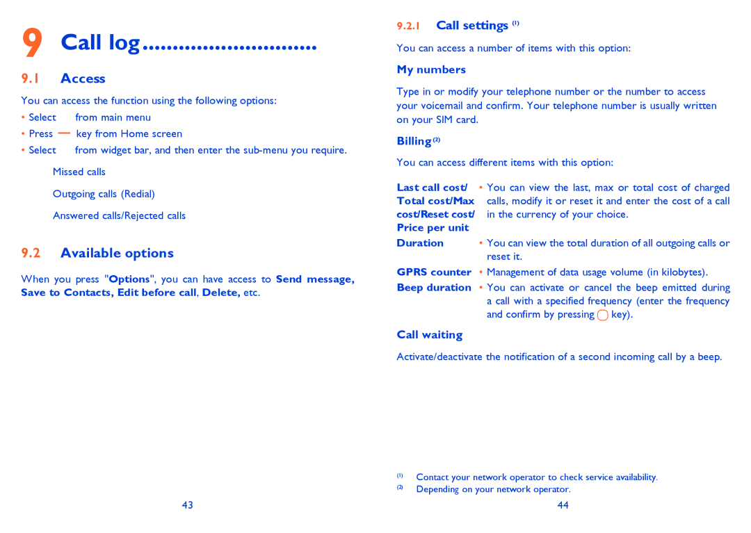 Alcatel ONE TOUCH 810/810D/810F manual Call log, Call settings 