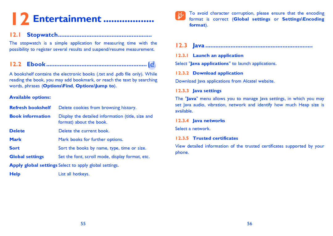 Alcatel ONE TOUCH 810/810D/810F manual Entertainment, Stopwatch, Ebook, Java 