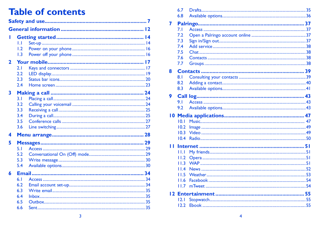 Alcatel ONE TOUCH 810/810D/810F manual Table of contents 