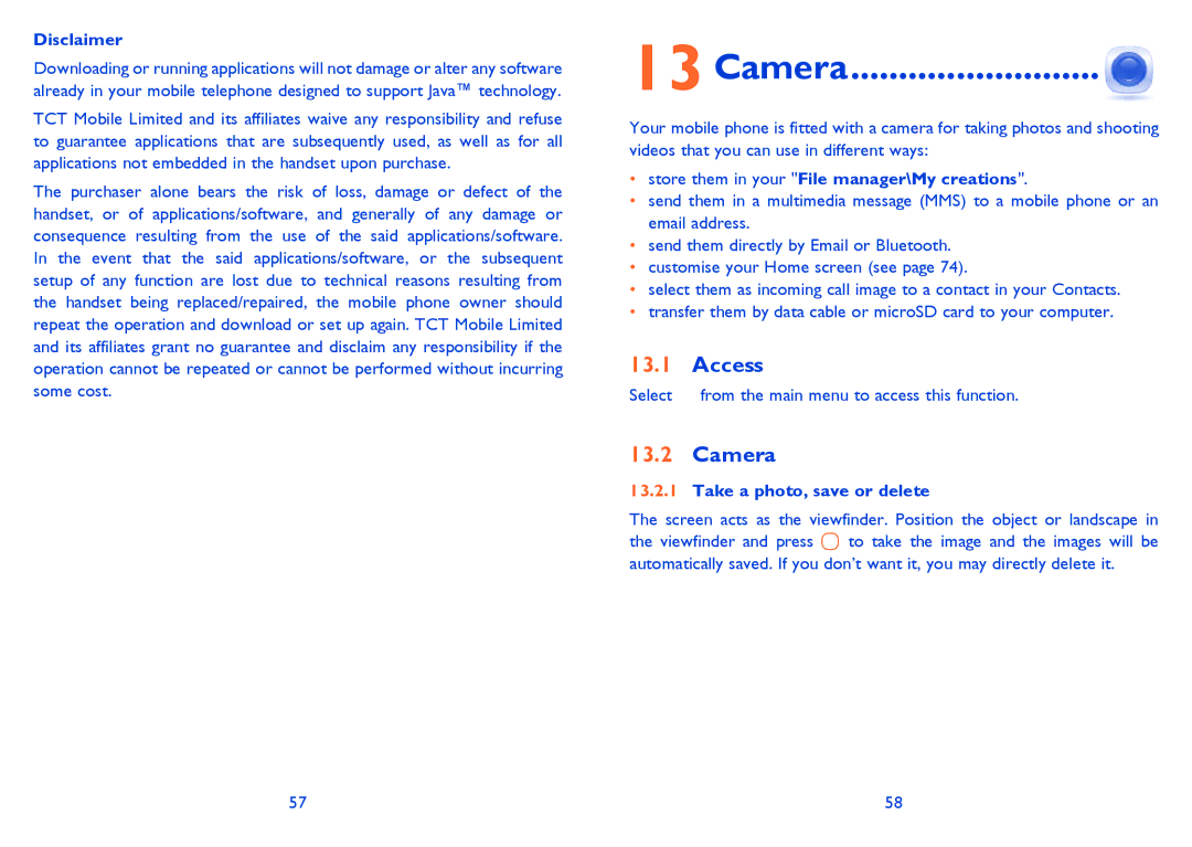 Alcatel ONE TOUCH 810/810D/810F manual Camera, Disclaimer, Store them in your File manager\My creations 