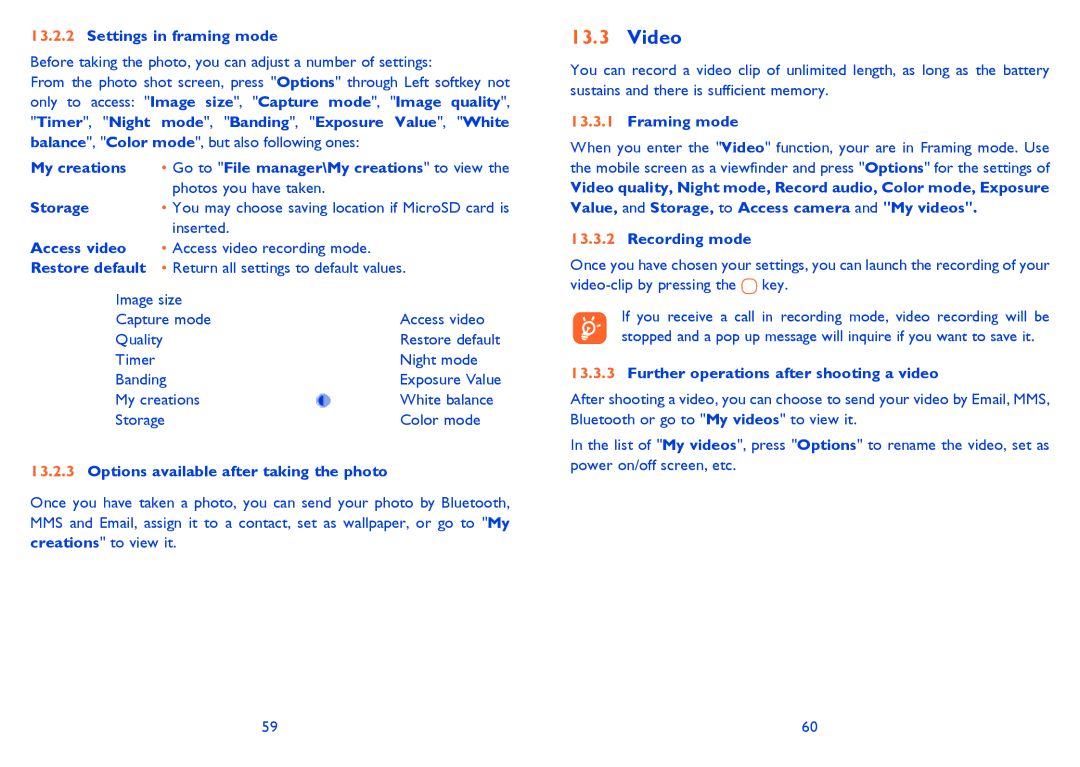 Alcatel ONE TOUCH 810/810D/810F manual Settings in framing mode, My creations, Storage, Access video, Framing mode 