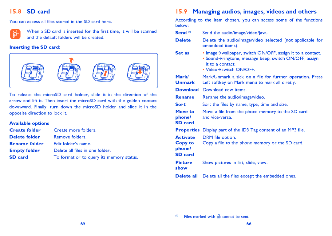 Alcatel ONE TOUCH 810/810D/810F Managing audios, images, videos and others, Inserting the SD card, Embedded items 