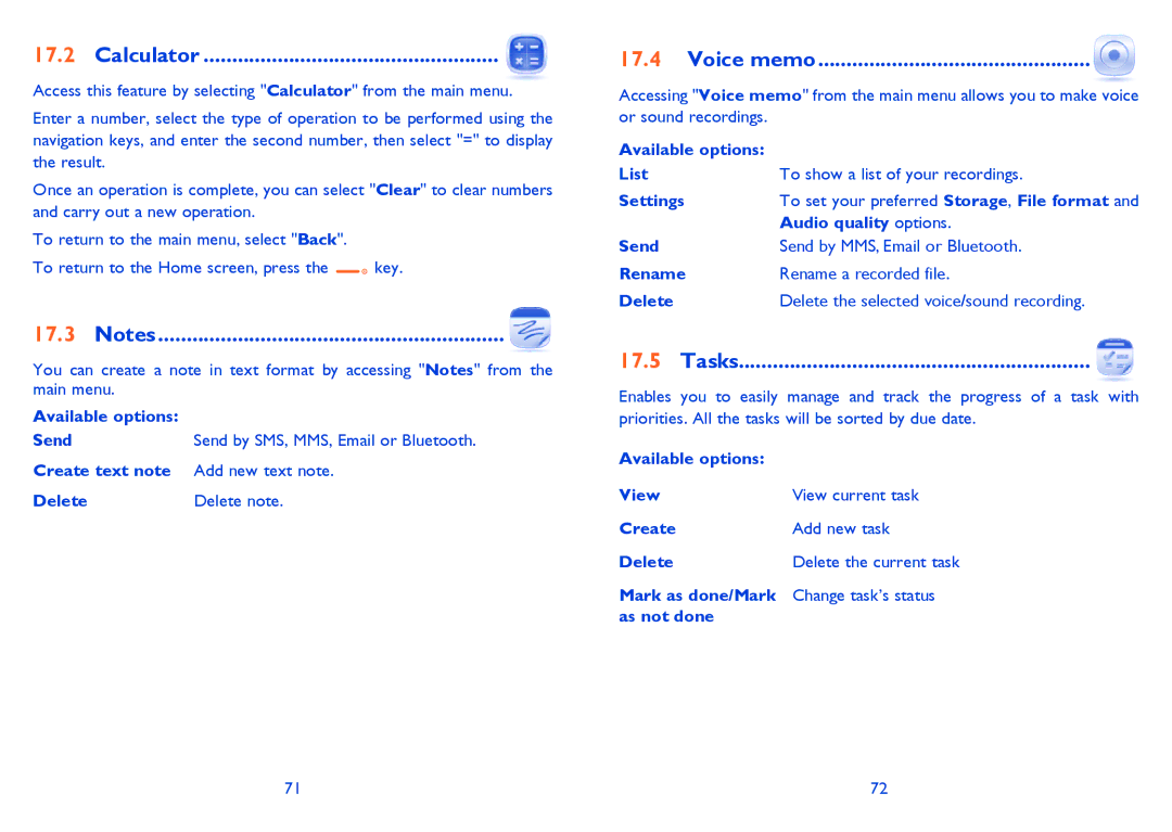 Alcatel ONE TOUCH 810/810D/810F manual Calculator, Voice memo, Tasks 