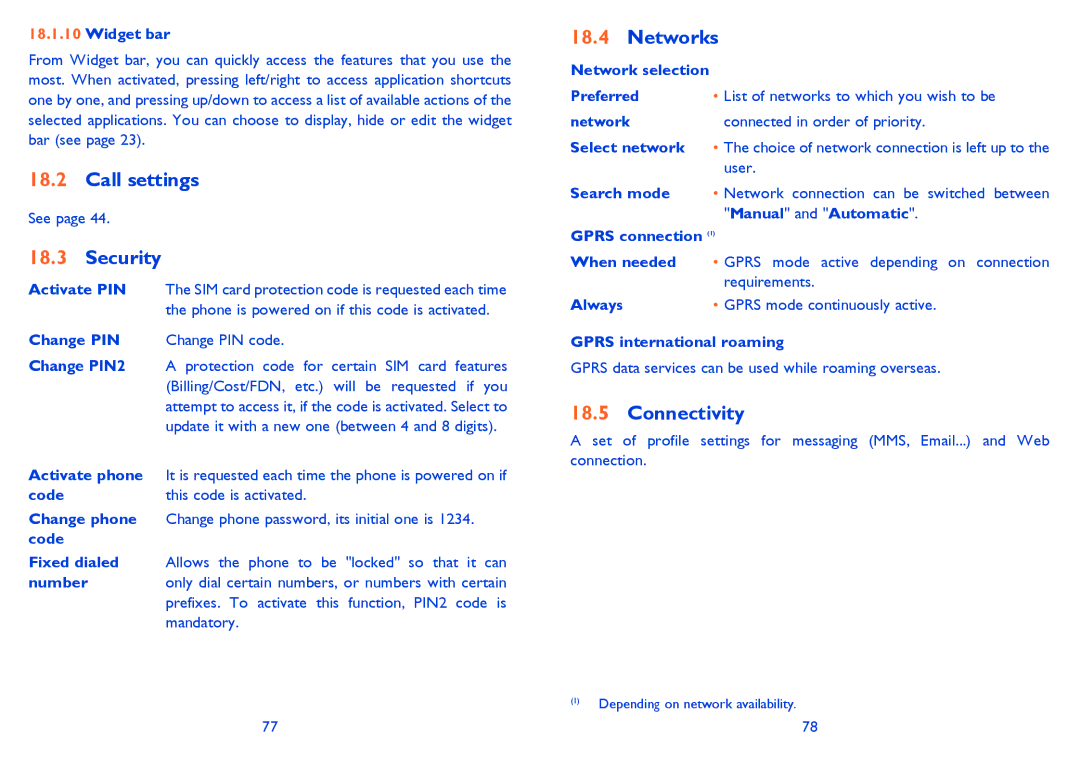 Alcatel ONE TOUCH 810/810D/810F manual Call settings, Security, Networks, Connectivity 