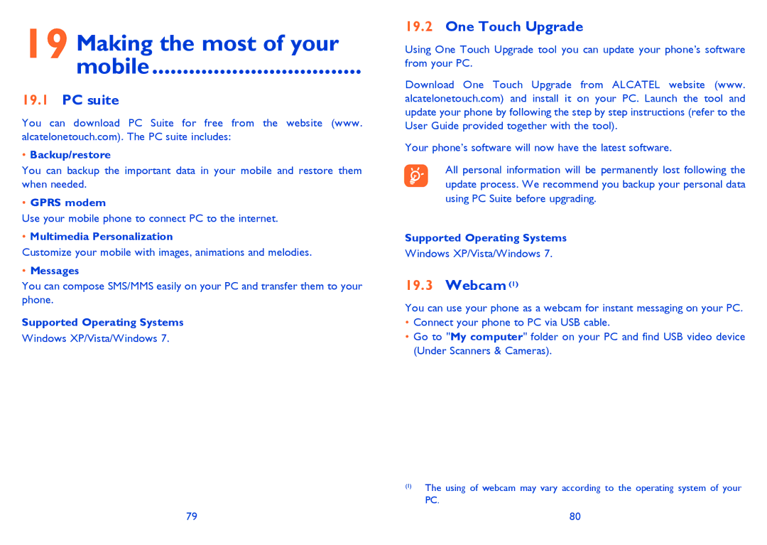 Alcatel ONE TOUCH 810/810D/810F manual Making the most of your Mobile, PC suite, One Touch Upgrade, Webcam 
