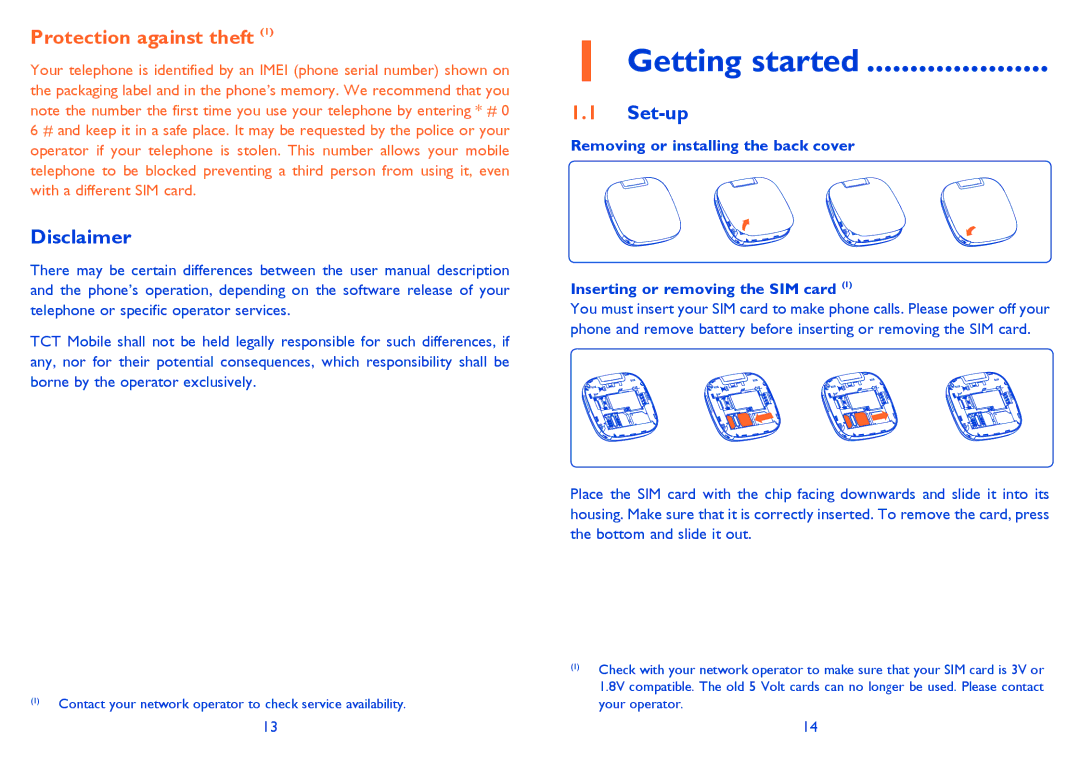 Alcatel ONE TOUCH 810/810D/810F manual Getting started, Disclaimer, Set-up 