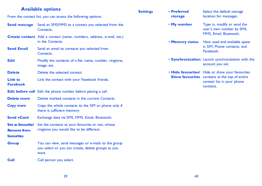 Alcatel ONE TOUCH 838F manual Image, etc, Settings Preferred, Storage, My number, Hide favourites, Send vCard, Group, Call 