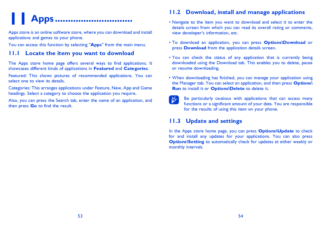 Alcatel ONE TOUCH 838F manual Apps, Locate the item you want to download, Download, install and manage applications 