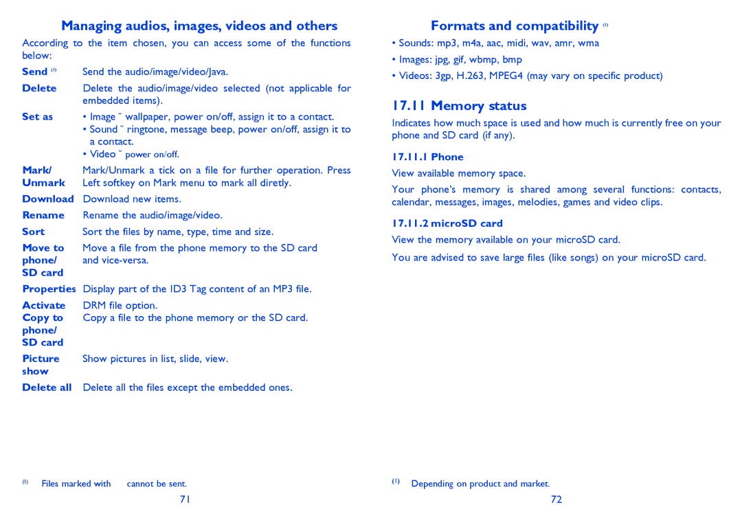 Alcatel ONE TOUCH 838F manual Managing audios, images, videos and others, Formats and compatibility, Memory status 