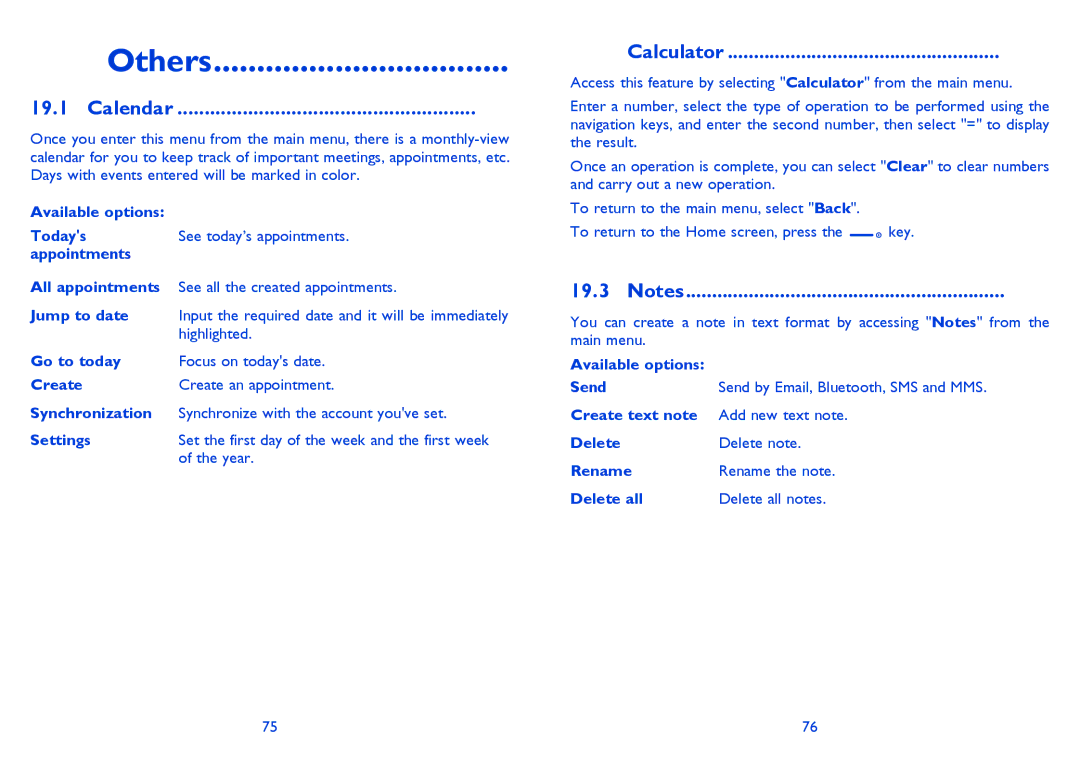Alcatel ONE TOUCH 838F manual Others, Calendar, Calculator 
