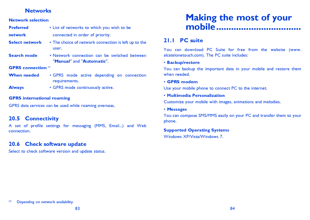 Alcatel ONE TOUCH 838F manual Making the most of your Mobile, Networks, Connectivity, Check software update, PC suite 