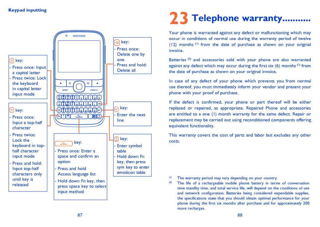 Alcatel ONE TOUCH 838F manual Telephone warranty, Keypad inputting 