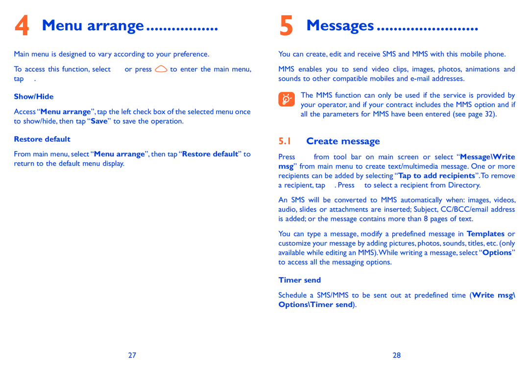 Alcatel ONE TOUCH 880 manual Menu arrange, Messages, Create message 