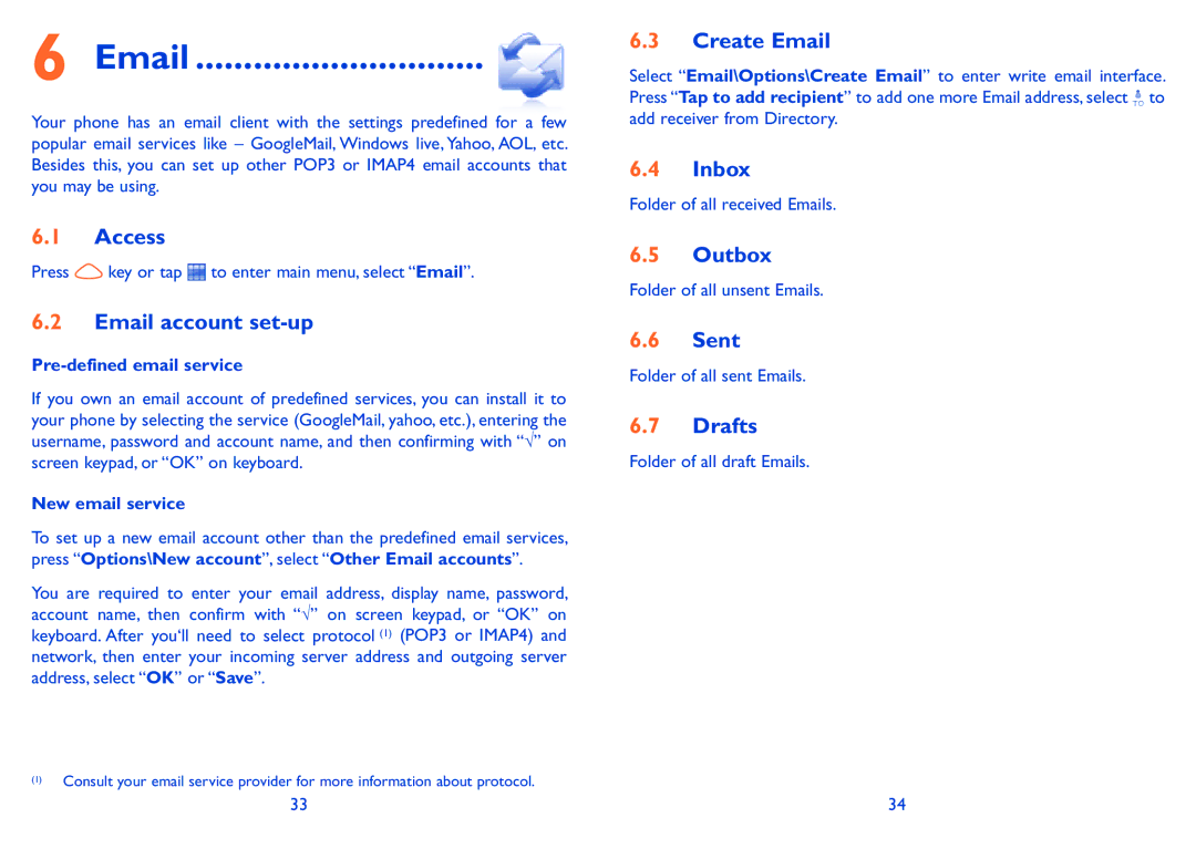 Alcatel ONE TOUCH 880 manual Access, Email account set-up, Create Email, Pre-defined email service, New email service 