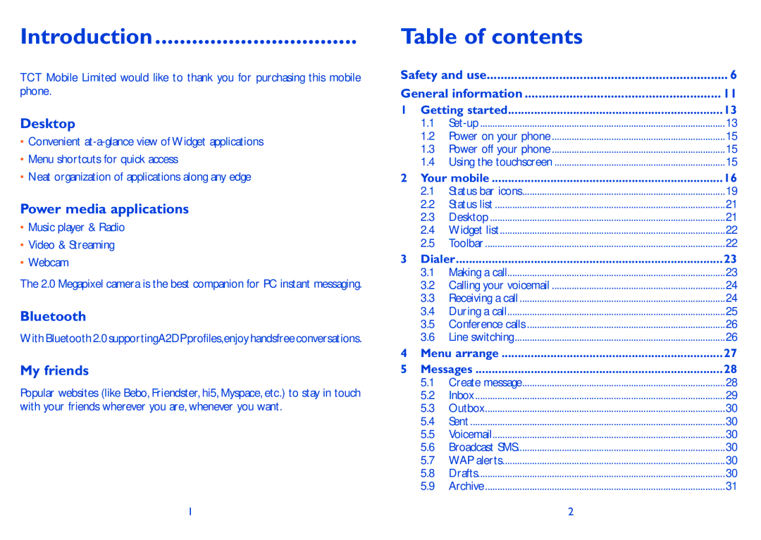 Alcatel ONE TOUCH 880 manual Introduction, Table of contents 