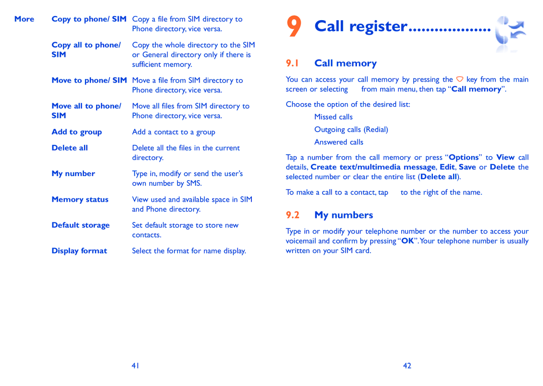 Alcatel ONE TOUCH 880 manual Call register, Call memory, My numbers 