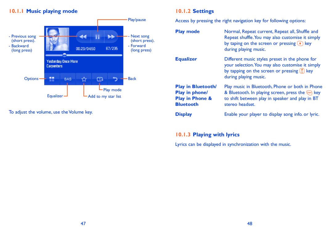 Alcatel ONE TOUCH 880 manual Music playing mode, Settings, Playing with lyrics 