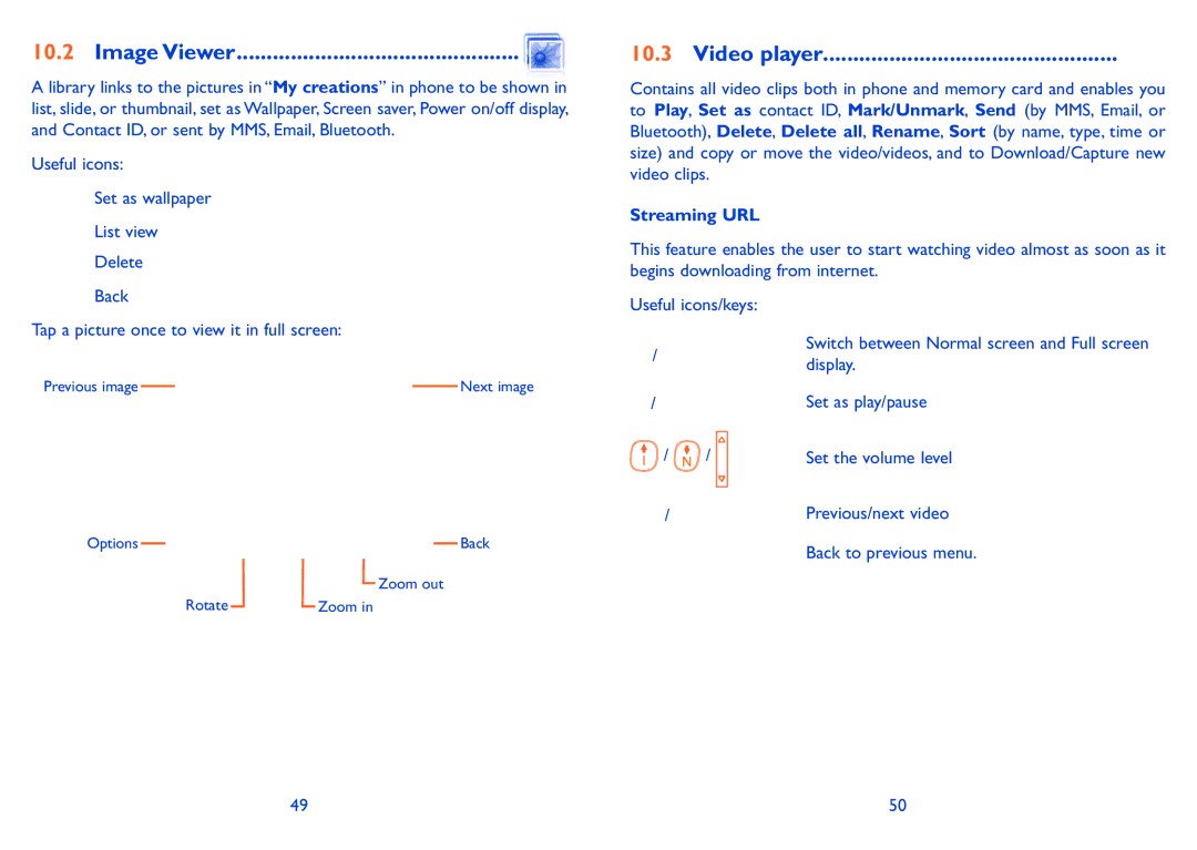 Alcatel ONE TOUCH 880 manual Image Viewer, Video player, Useful icons Set as wallpaper List view Delete, Streaming URL 