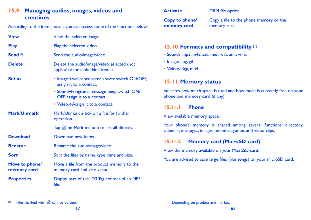 Alcatel ONE TOUCH 880 manual Managing audios, images, videos and creations, Formats and compatibility, Memory status, Phone 
