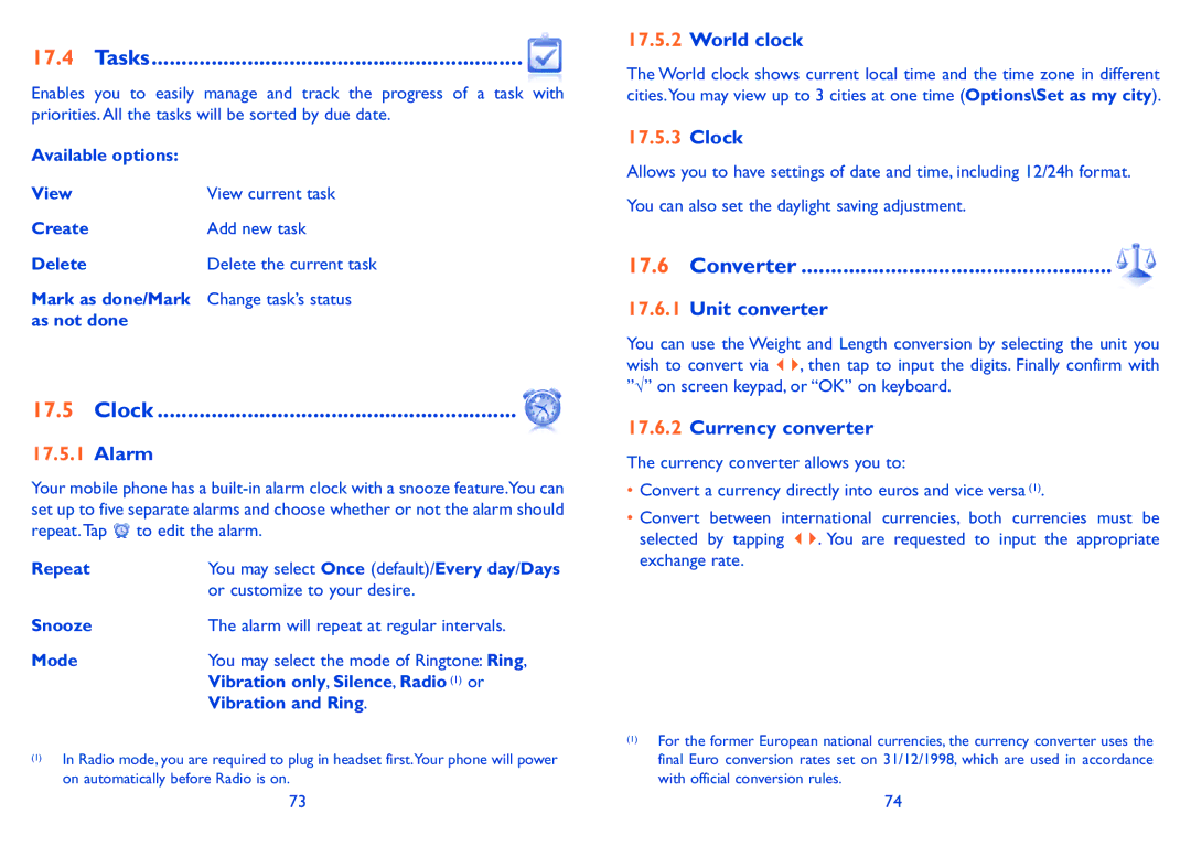 Alcatel ONE TOUCH 880 manual Tasks, Clock, Converter 