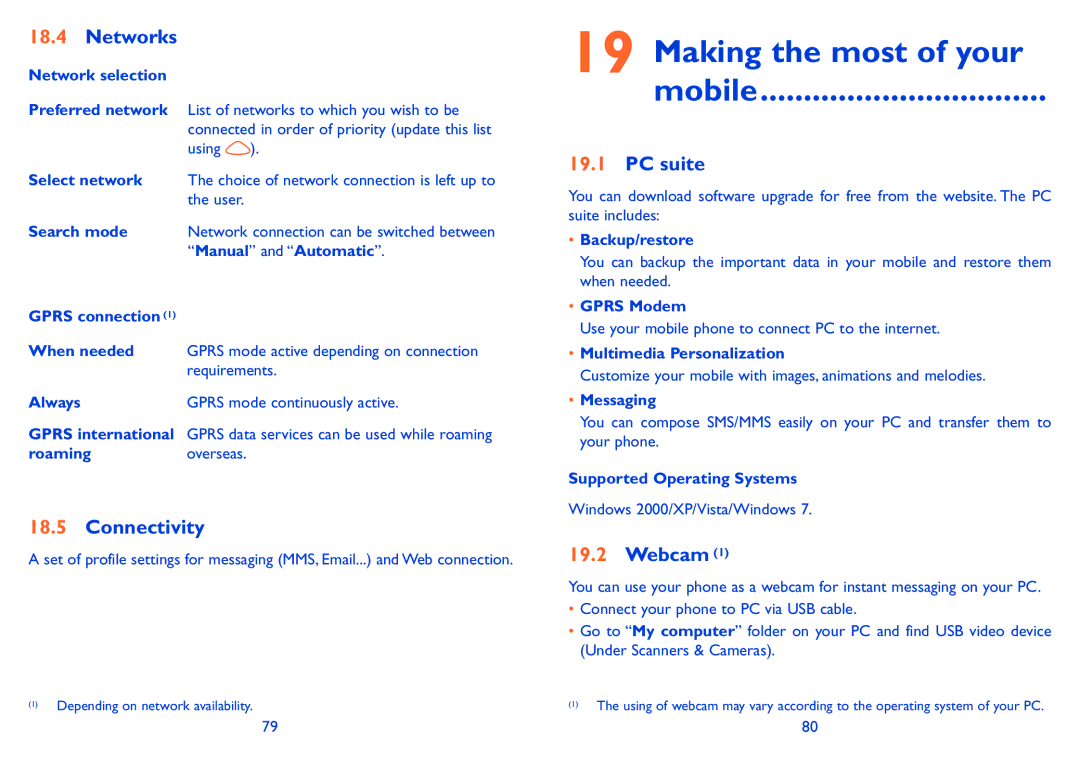 Alcatel ONE TOUCH 880 manual Making the most of your Mobile, Networks, Connectivity, PC suite, Webcam 