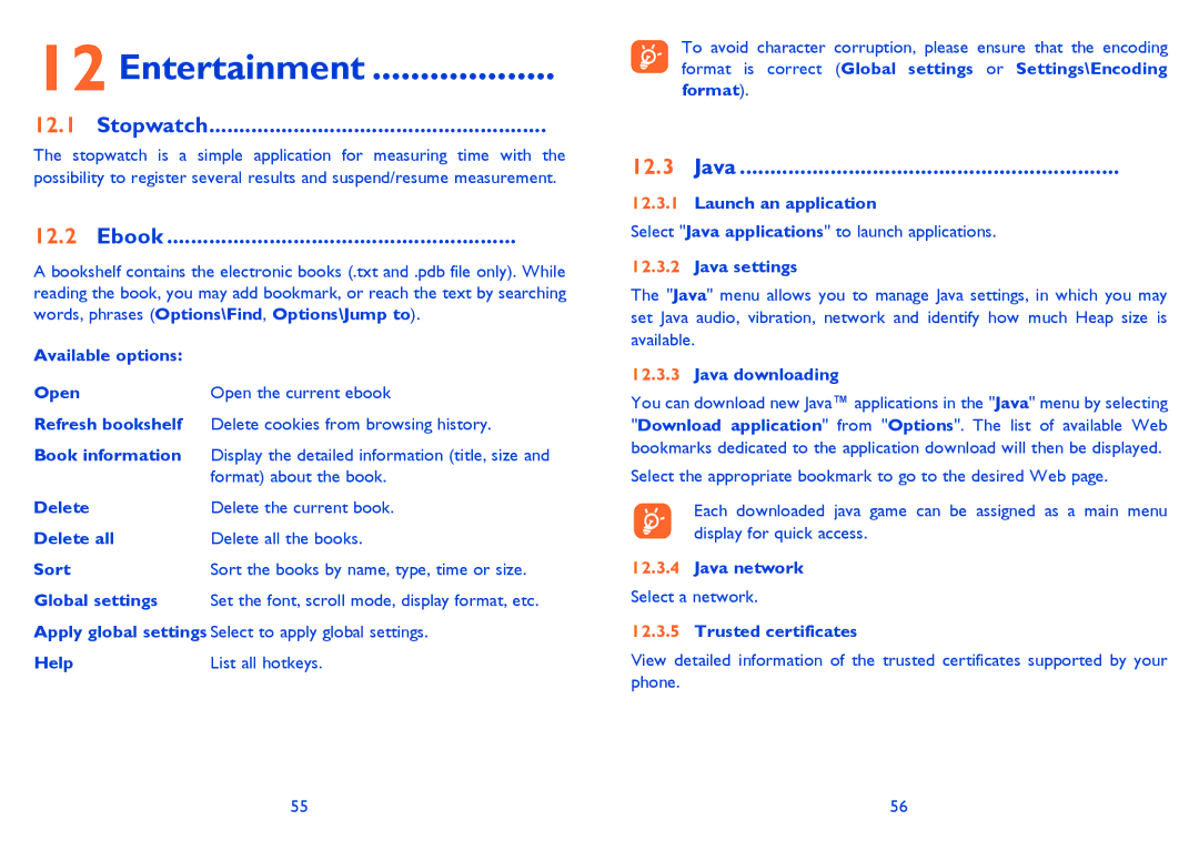 Alcatel ONE TOUCH 900, ONE TOUCH 901/901D manual Entertainment, Stopwatch, Ebook, Java 