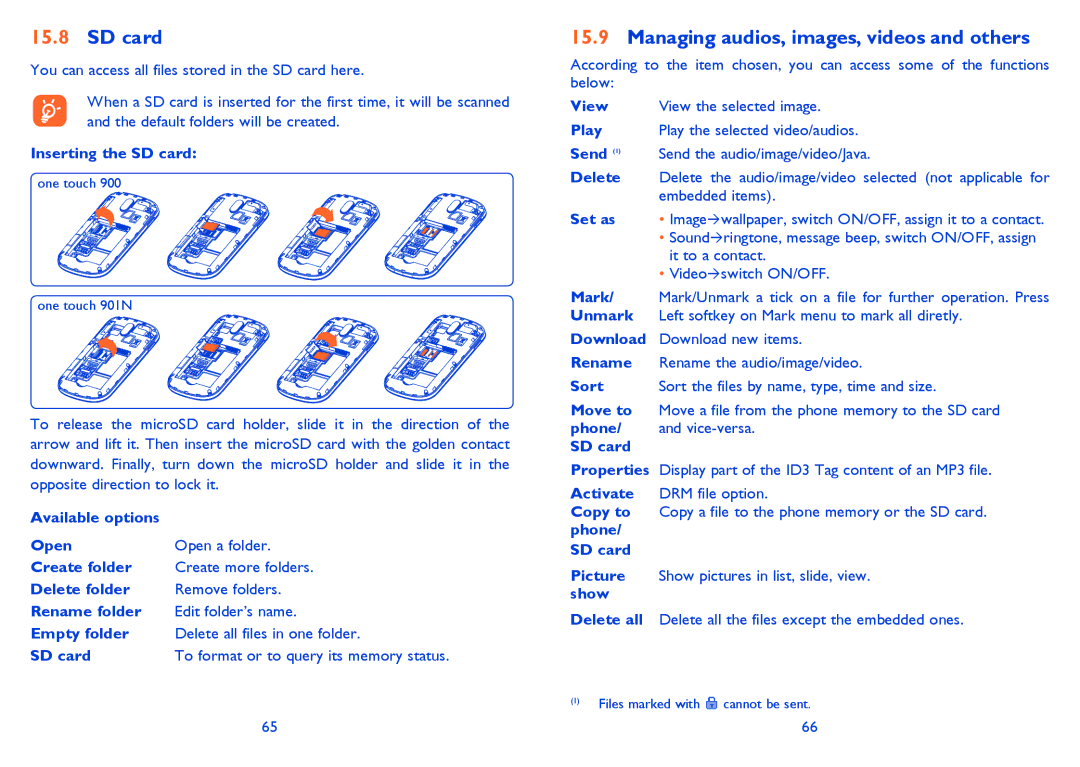 Alcatel ONE TOUCH 901/901D manual Managing audios, images, videos and others, Inserting the SD card, Embedded items 