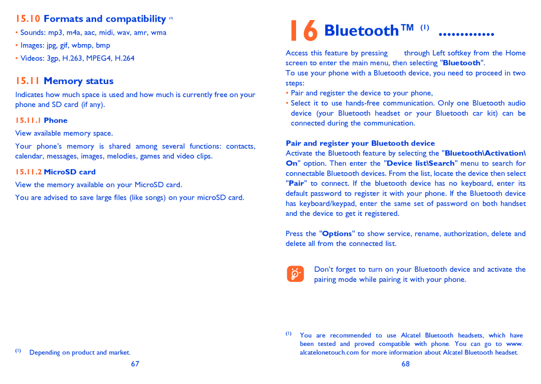 Alcatel ONE TOUCH 900, ONE TOUCH 901/901D manual Bluetooth, Formats and compatibility, Memory status, MicroSD card 