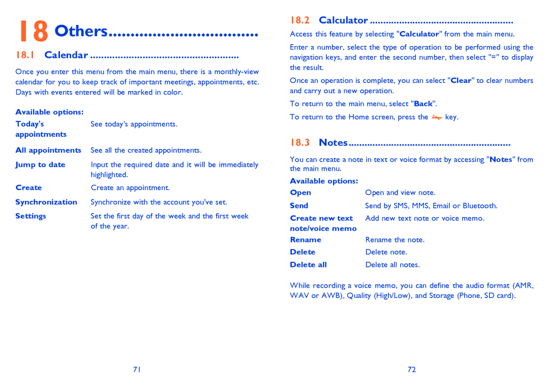 Alcatel ONE TOUCH 900, ONE TOUCH 901/901D manual Others, Calendar, Calculator 