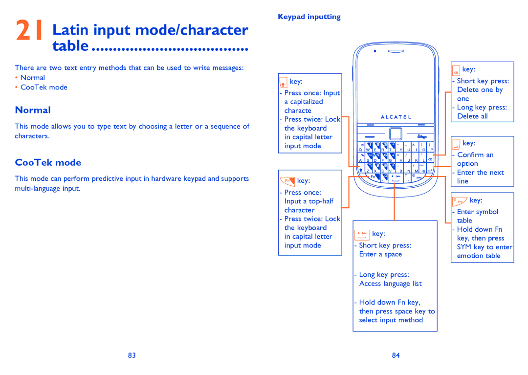 Alcatel ONE TOUCH 900, ONE TOUCH 901/901D manual Latin input mode/character, Normal, CooTek mode, Keypad inputting 