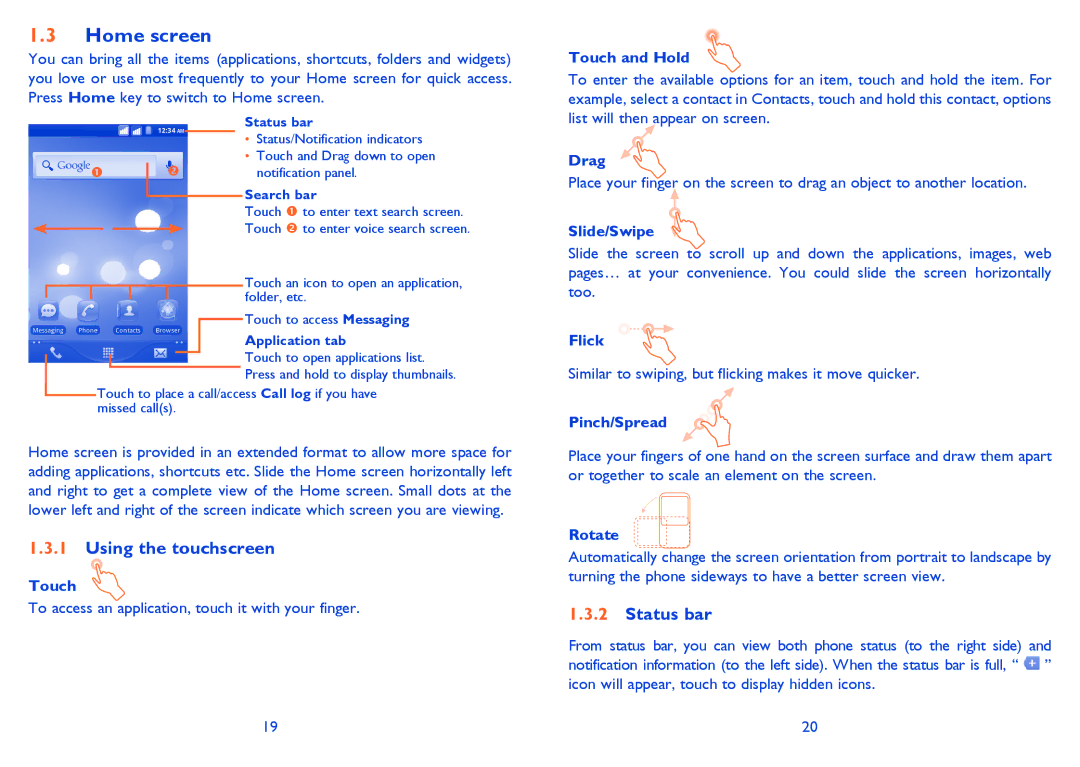 Alcatel ONE TOUCH 903/903D manual Home screen, Using the touchscreen, Status bar 