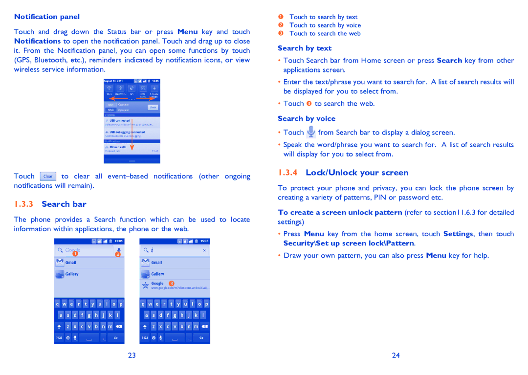 Alcatel ONE TOUCH 903/903D manual Search bar, Lock/Unlock your screen, Notification panel, Search by text, Search by voice 