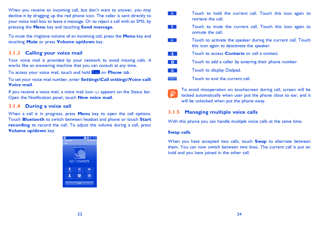 Alcatel ONE TOUCH 903/903D manual Calling your voice mail, During a voice call, Managing multiple voice calls, Swap calls 