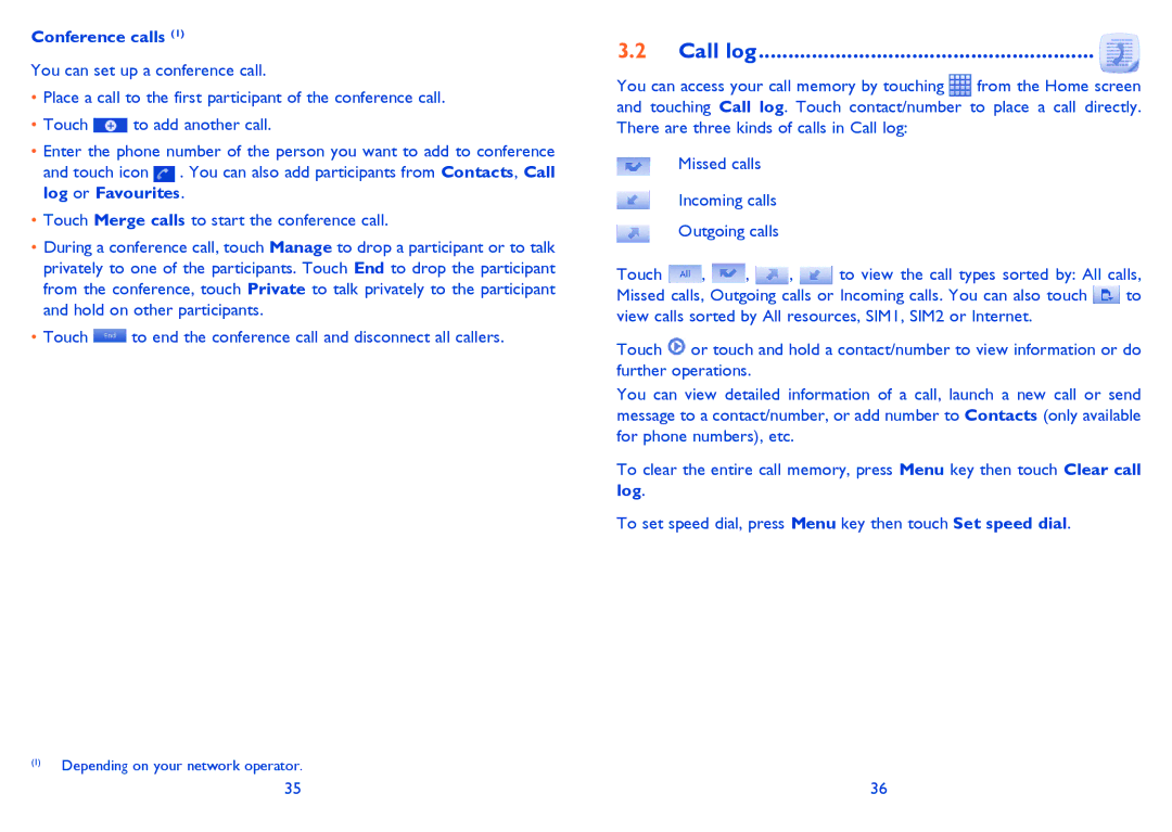 Alcatel ONE TOUCH 903/903D manual Call log, Conference calls 