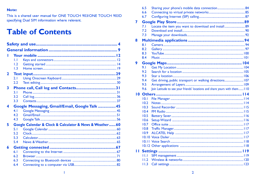 Alcatel ONE TOUCH 903/903D manual Table of Contents 