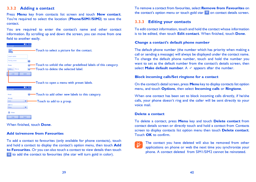 Alcatel ONE TOUCH 903/903D manual Adding a contact, Editing your contacts 