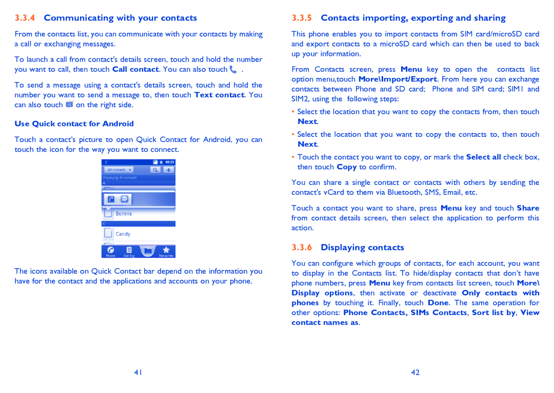 Alcatel ONE TOUCH 903/903D manual Communicating with your contacts, Contacts importing, exporting and sharing 