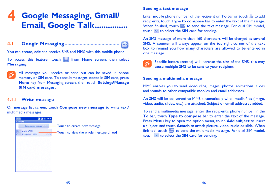 Alcatel ONE TOUCH 903/903D manual Google Messaging, Gmail/ Email, Google Talk, Write message 