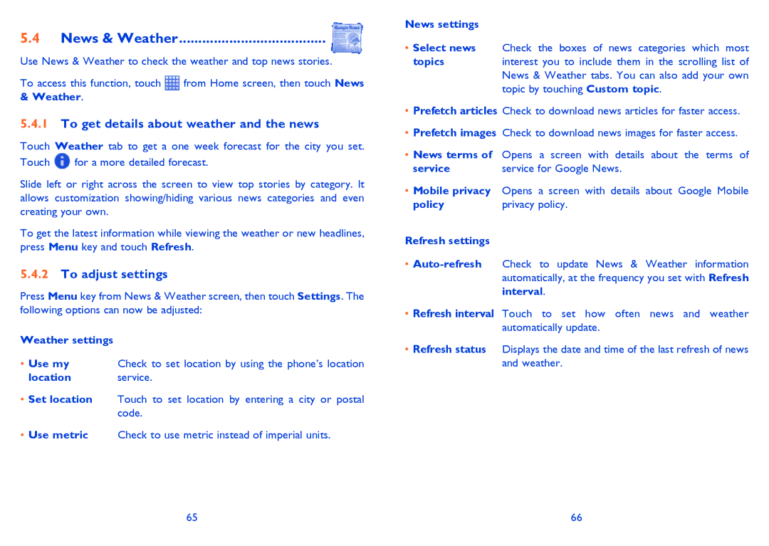 Alcatel ONE TOUCH 903/903D manual News & Weather, To get details about weather and the news, To adjust settings 