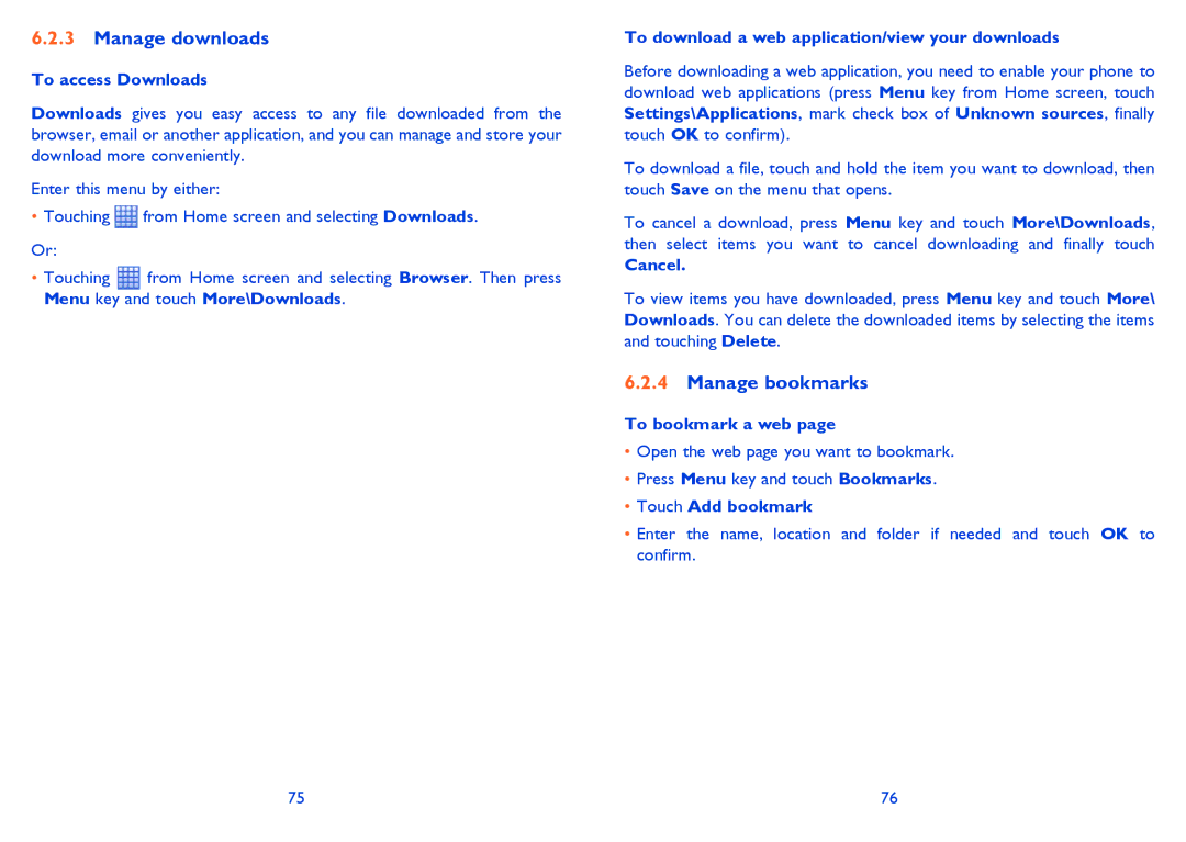 Alcatel ONE TOUCH 903/903D manual Manage downloads, Manage bookmarks 