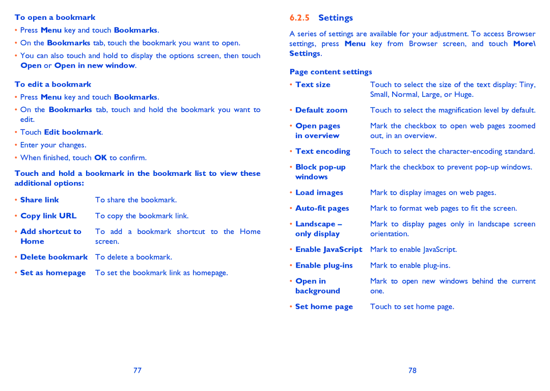 Alcatel ONE TOUCH 903/903D To open a bookmark, To edit a bookmark, Touch Edit bookmark, Content settings Text size, Open 