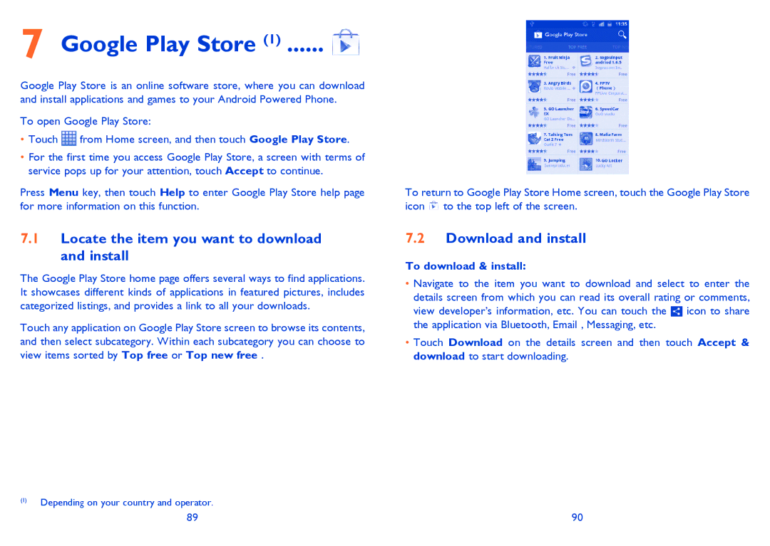 Alcatel ONE TOUCH 903/903D manual Google Play Store, Locate the item you want to download and install, Download and install 