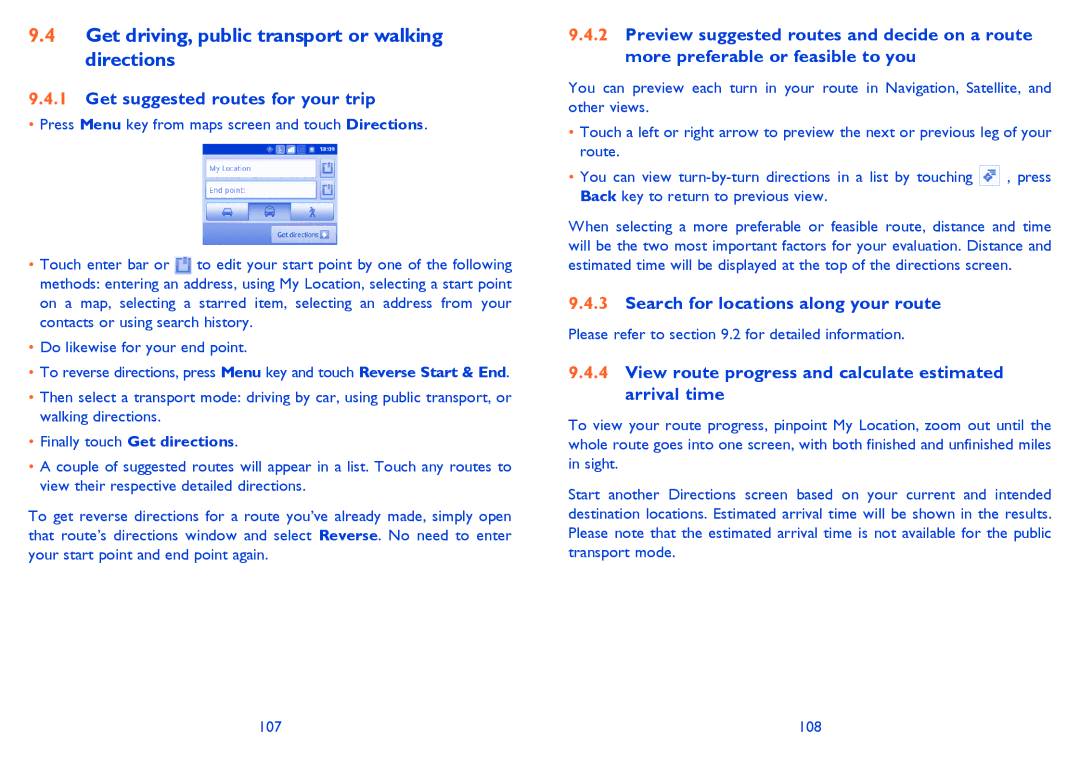 Alcatel ONE TOUCH 903/903D manual Get driving, public transport or walking directions, Get suggested routes for your trip 