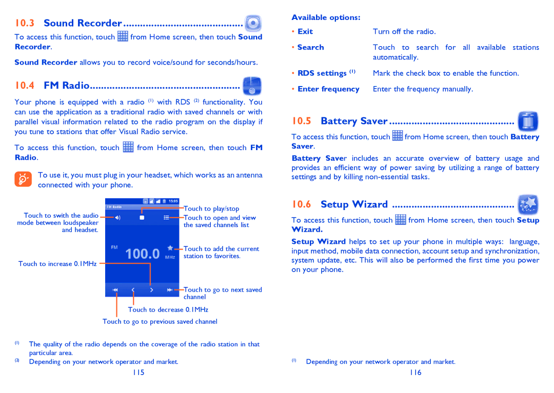 Alcatel ONE TOUCH 903/903D manual Sound Recorder, FM Radio, Battery Saver, Setup Wizard 