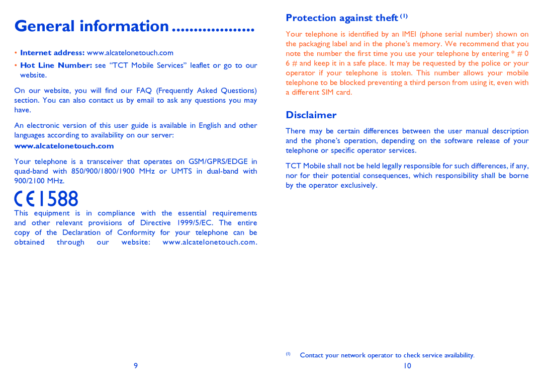 Alcatel ONE TOUCH 903/903D manual General information, Protection against theft, Disclaimer 